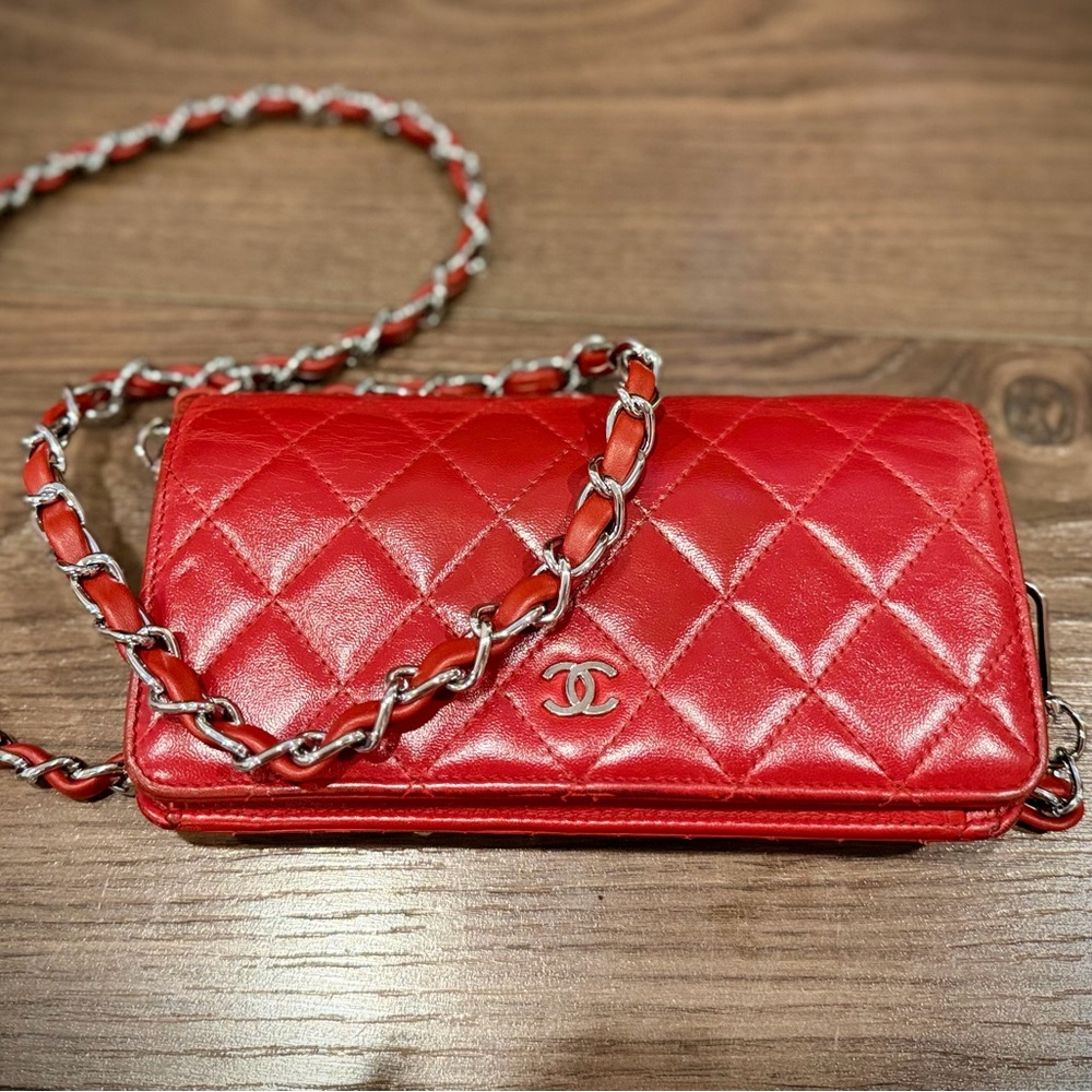 Chanel Red Quilted Leather Wallet on Chain